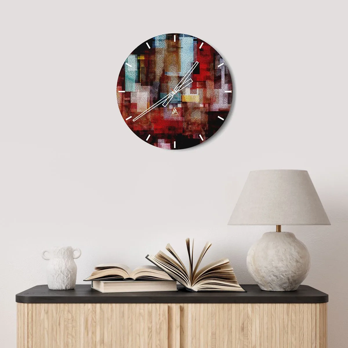 Reloj de pared - Reloj de vidrio - Composiciones abstractas en tonos rojos y dorados con patrón geométrico. - 30x30cm - Confusión y desconcierto - Decoración de pared moderna para salón, cocina y dormitorio ARTTOR