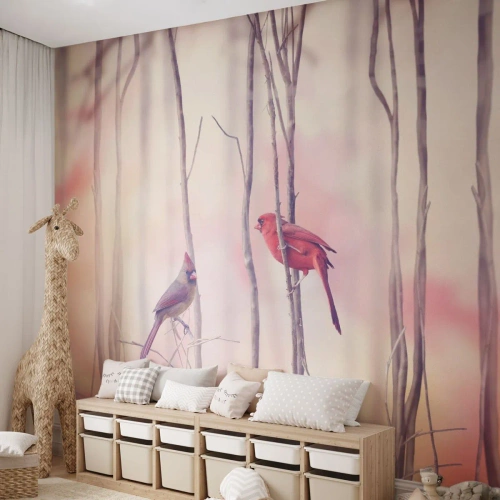 Fotomural Premium Canvas - Historia de un bosque rosa - Pájaro, Naturaleza, Bosque - 350x256 cm