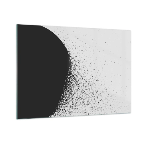 Cuadro sobre vidrio - Impresiones sobre Vidrio - Abstracción de una masa negra que se deshace sobre un fondo blanco - 100x70cm - El movimiento de las partículas - Decoración de pared moderna para salón y dormitorio ARTTOR