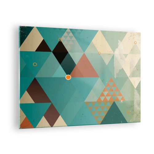 Cuadro sobre vidrio - Impresiones sobre Vidrio - Geometría en tonos turquesa y marrón con triángulos. - 70x50cm - Uno para todos y todos para uno - Decoración de pared moderna para salón y dormitorio ARTTOR