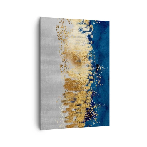 Cuadro sobre lienzo - Impresión de Imagen - Una composición abstracta en tonos dorados y azul marino. - 70x100cm - Composición moderna con chispas - Decoración de pared moderna para salón y dormitorio ARTTOR