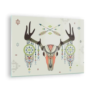 Cuadro sobre vidrio - Impresiones sobre Vidrio - Cuernos simbólicos y patrones nativos americanos sobre un fondo claro - 70x50cm - Trofeo de cazador indio - Decoración de pared moderna para salón y dormitorio ARTTOR