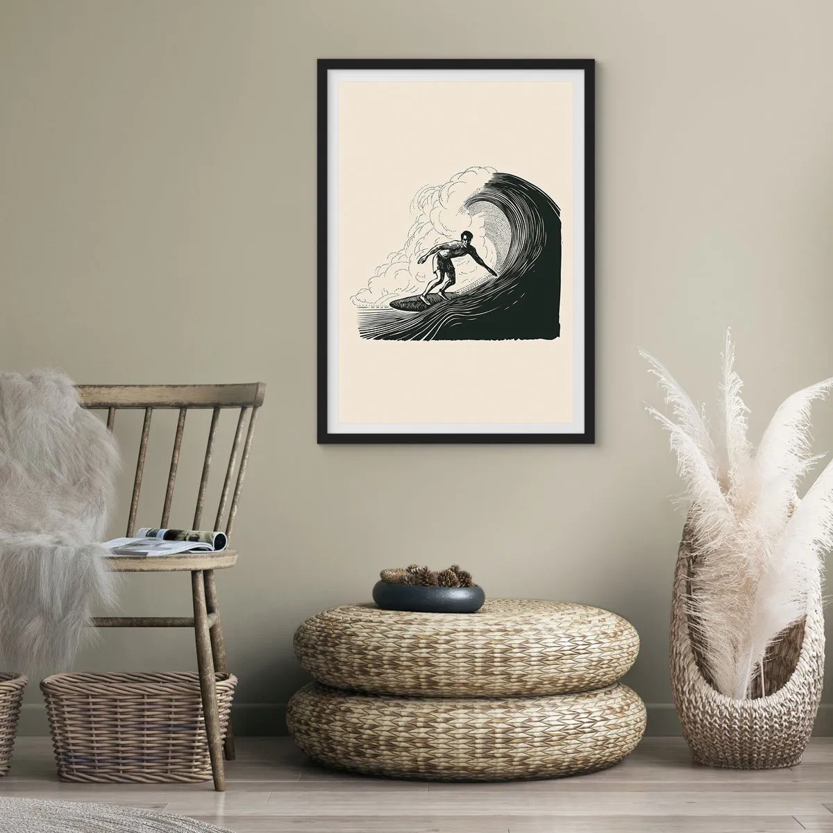 Póster en marco negro - Gráfico retro de surfista sobre olas, composición en negro y crema - 50x70cm - Rey de la ola - Decoración de pared moderna para salón y dormitorio ARTTOR