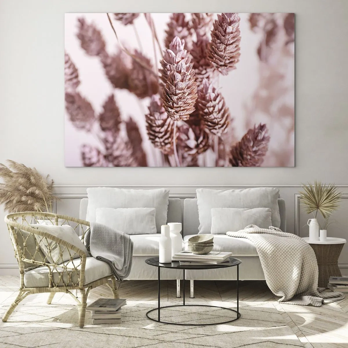 Cuadro sobre vidrio - Impresiones sobre Vidrio - Espigas de hierba seca en tonos rosa empolvado - 120x80cm - Aparentemente discreto - Decoración de pared moderna para salón y dormitorio ARTTOR