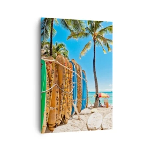 Cuadro sobre lienzo - Impresión de Imagen - Tablas de surf en una playa con palmeras - 70x100cm - Diversión soleada - Decoración de pared moderna para salón y dormitorio ARTTOR