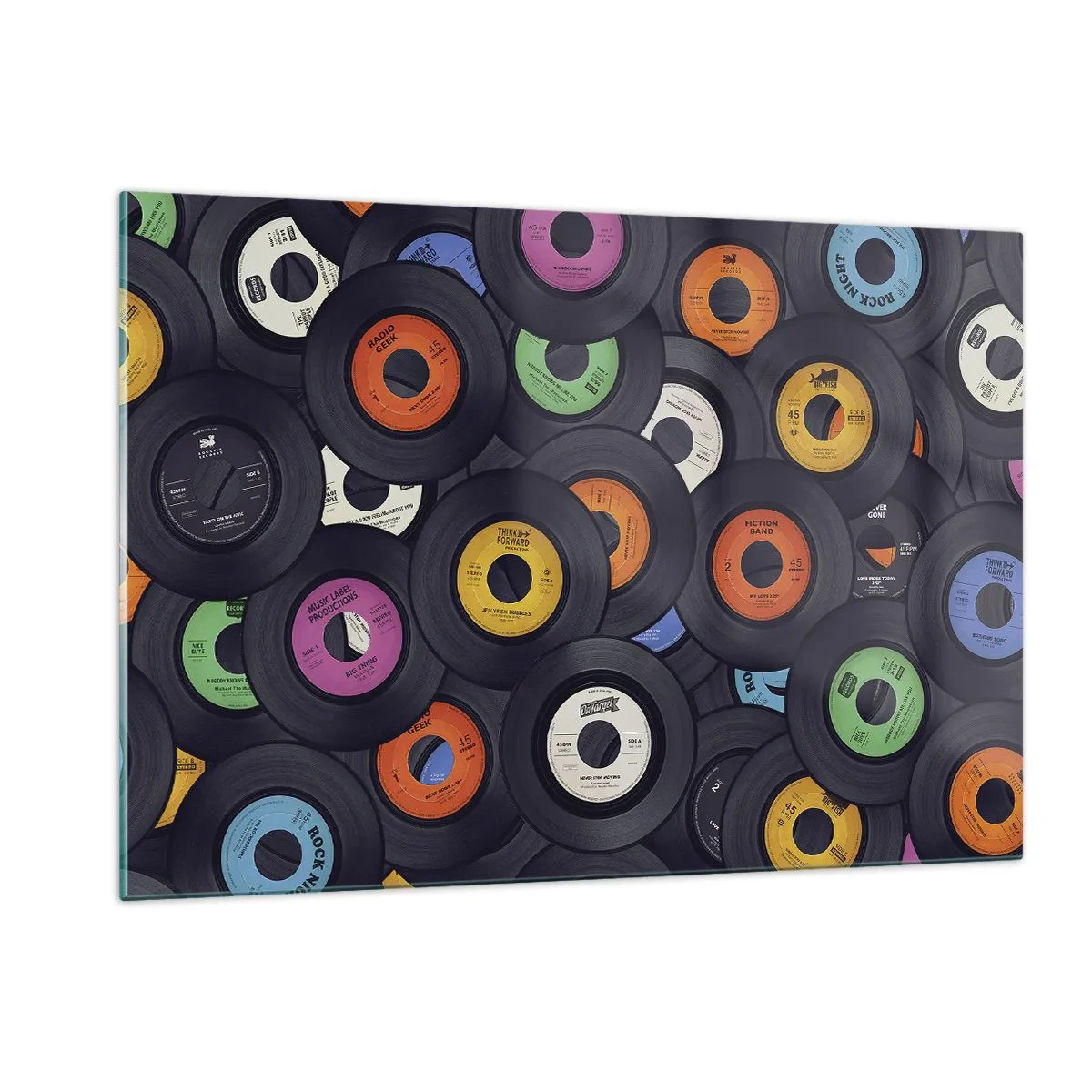 Cuadro sobre vidrio - Impresiones sobre Vidrio - Discos de vinilo de colores sobre un fondo negro - 120x80cm - Colores de los clásicos - Decoración de pared moderna para salón y dormitorio ARTTOR