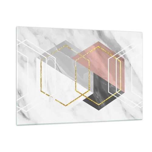 Cuadro sobre vidrio - Impresiones sobre Vidrio - Formas geométricas doradas sobre un fondo de mármol. - 120x80cm - Composición en cadena - Decoración de pared moderna para salón y dormitorio ARTTOR