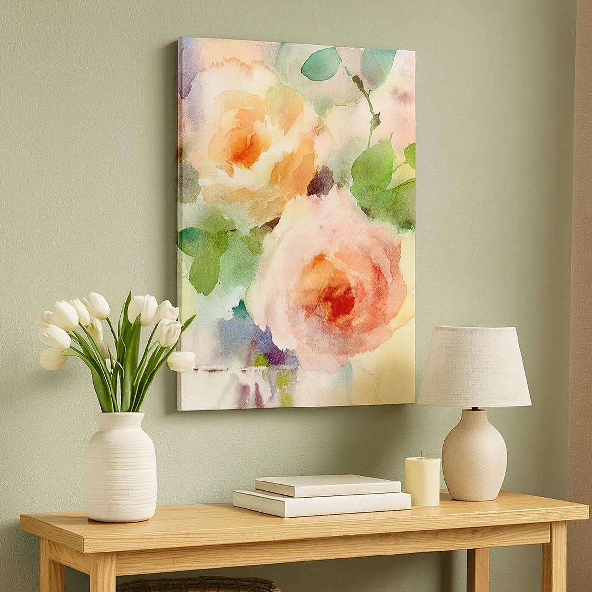 Cuadro sobre lienzo - Impresión de Imagen - Delicadas rosas estilo acuarela sobre un fondo claro. - 50x70cm - Delicado como una acuarela - Decoración de pared moderna para salón y dormitorio ARTTOR
