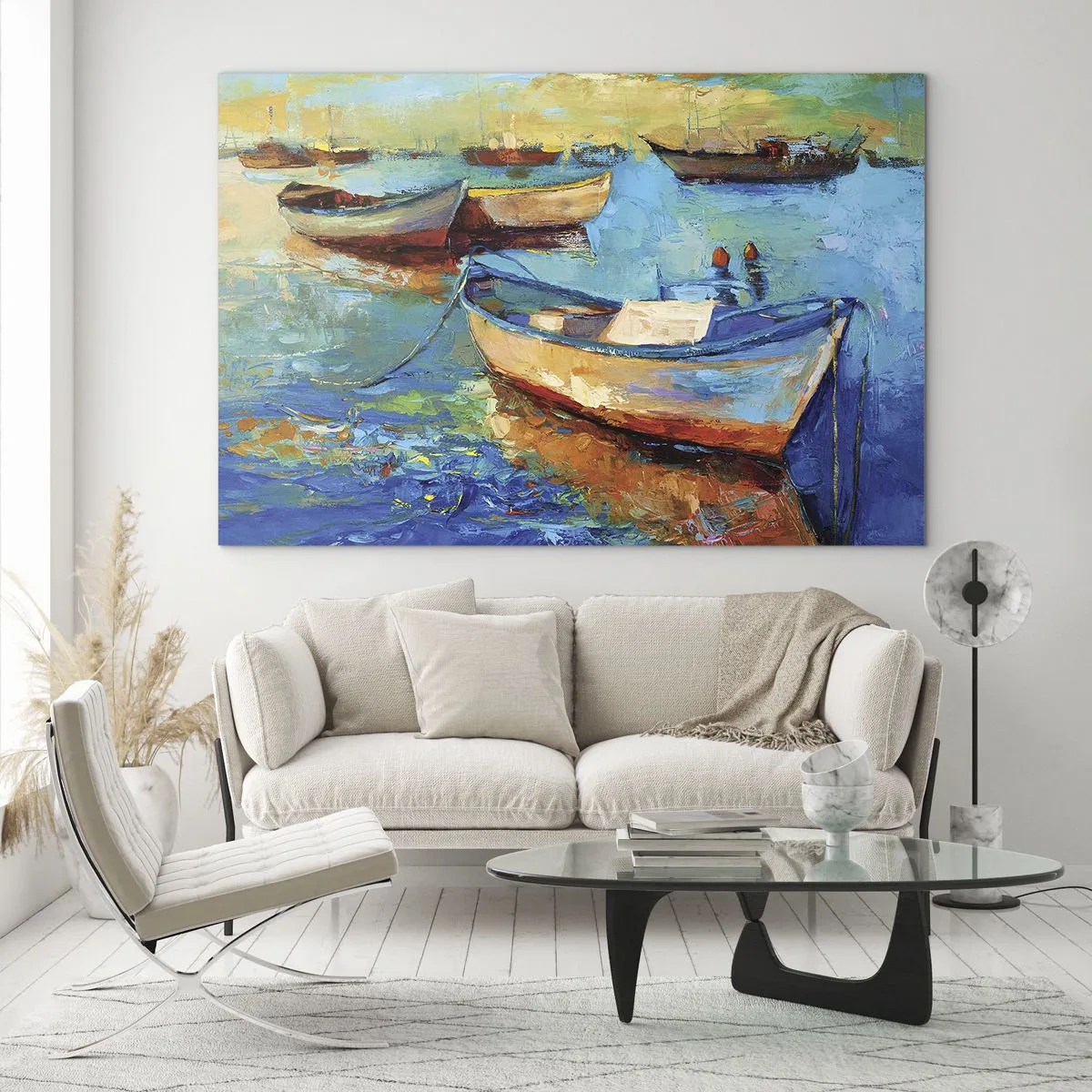 Cuadro sobre vidrio - Impresiones sobre Vidrio - Barcos coloridos sobre un fondo de aguas tranquilas - 120x80cm - En la bahía sur - Decoración de pared moderna para salón y dormitorio ARTTOR