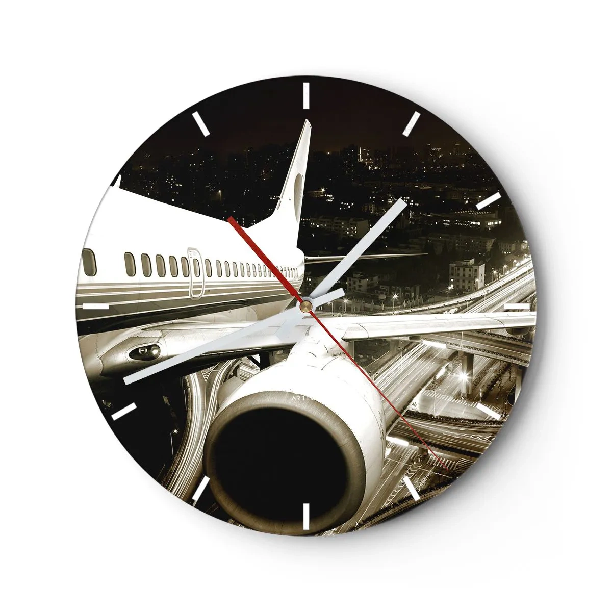 Reloj de pared - Reloj de vidrio - Un avión con el telón de fondo de una ciudad nocturna. - 30x30cm - Vuela hacia la noche - Decoración de pared moderna para salón, cocina y dormitorio ARTTOR