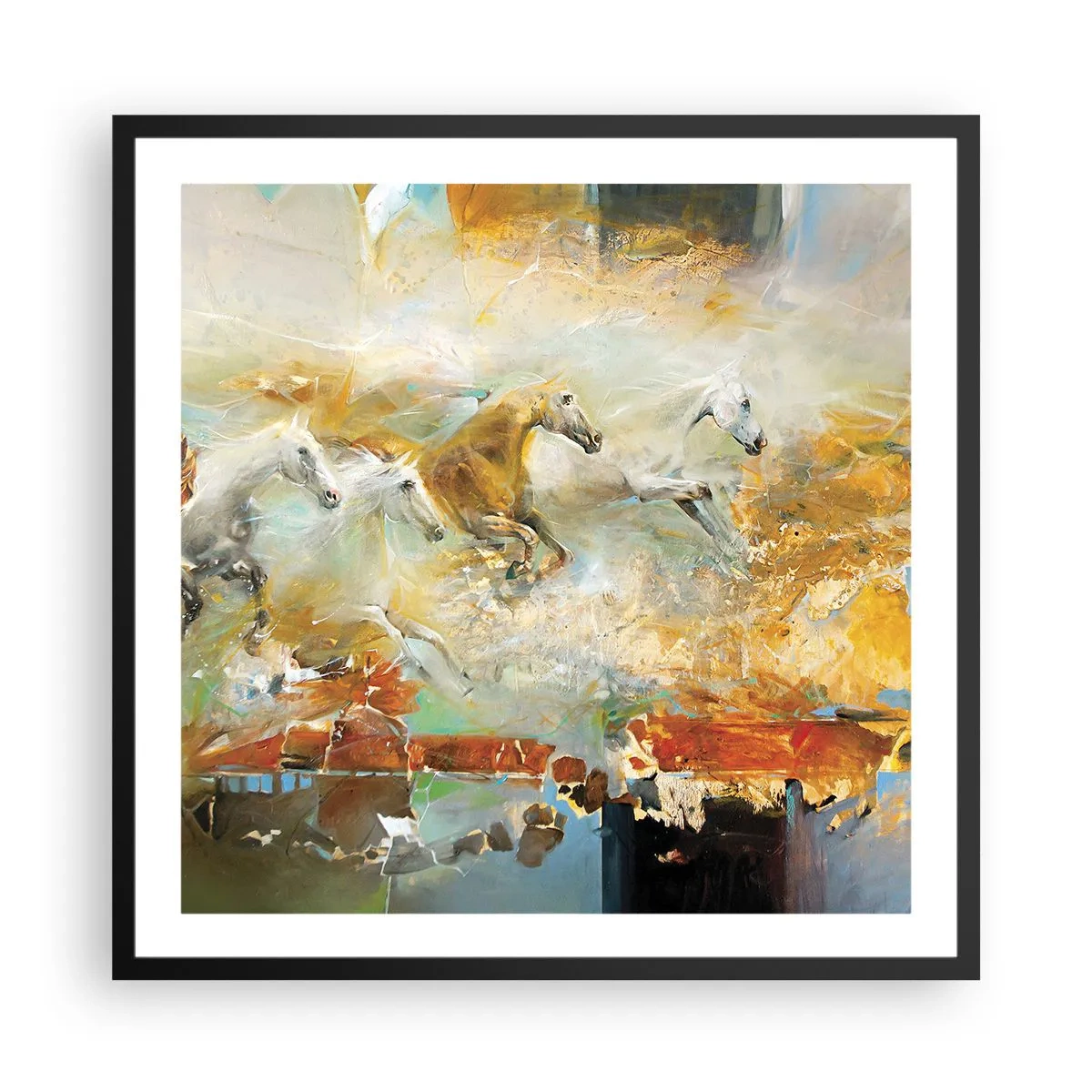 Póster en marco negro - Galopando a través de la luz - 60x60 cm