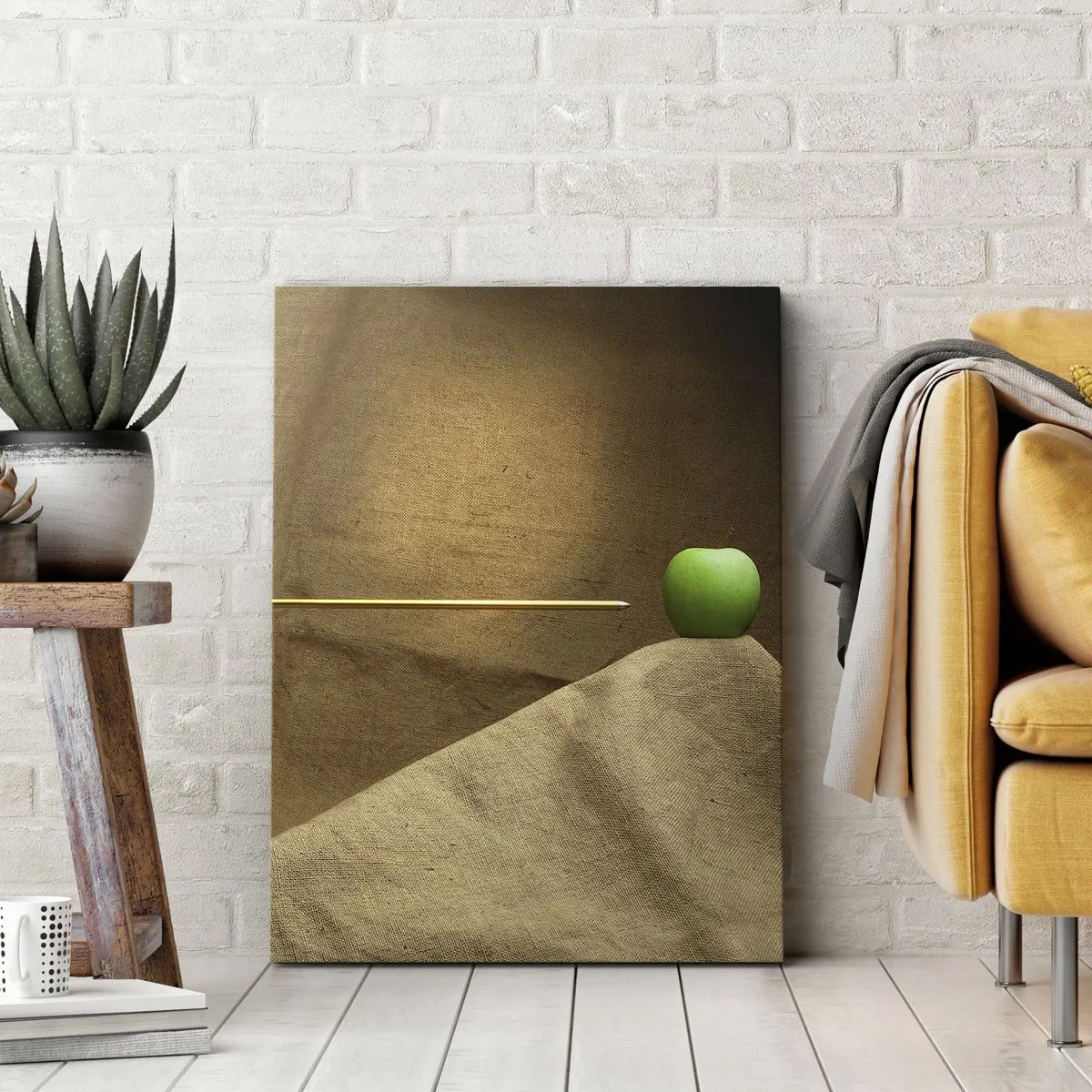 Cuadro sobre lienzo - Impresión de Imagen - Manzana verde sobre tela con una flecha creando una composición - 50x70cm - Evocar el espíritu de Wilhelm Tell - Decoración de pared moderna para salón y dormitorio ARTTOR