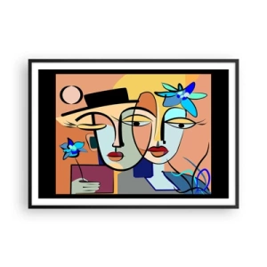 Póster en marco negro - Retratos cubistas en colores vibrantes con motivo floral. - 100x70cm - Randez vous de Picasso - Decoración de pared moderna para salón y dormitorio ARTTOR