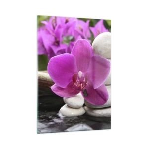 Cuadro sobre vidrio - Impresiones sobre Vidrio - Cascada de orquídeas moradas, piedras y bambú - 50x70cm - Ya estás descansando - Decoración de pared moderna para salón y dormitorio ARTTOR