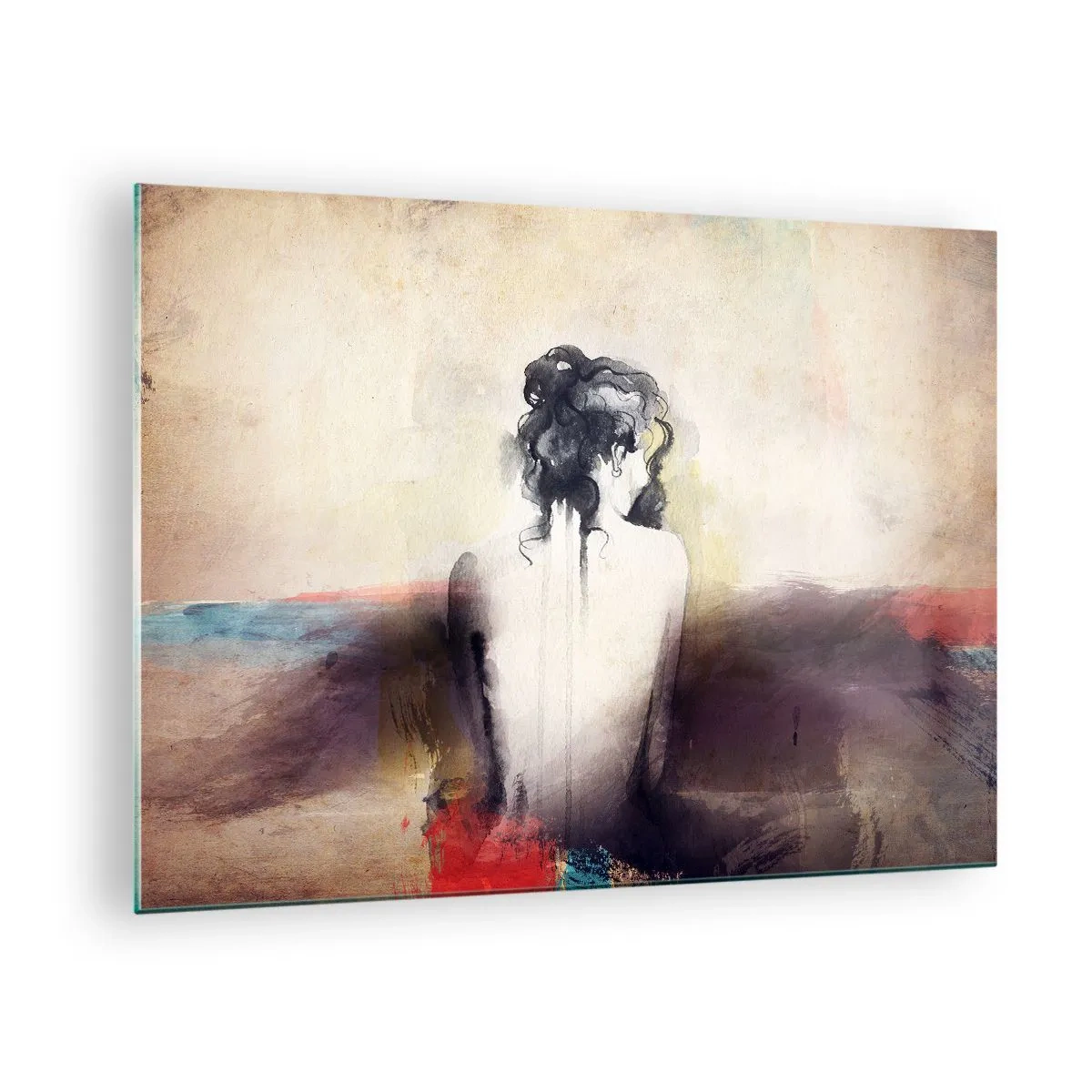 Cuadro sobre vidrio - Impresiones sobre Vidrio - Un retrato sutil de una mujer sobre un fondo de paisaje pastel. - 70x50cm - Líneas suaves, formas ovaladas - Decoración de pared moderna para salón y dormitorio ARTTOR