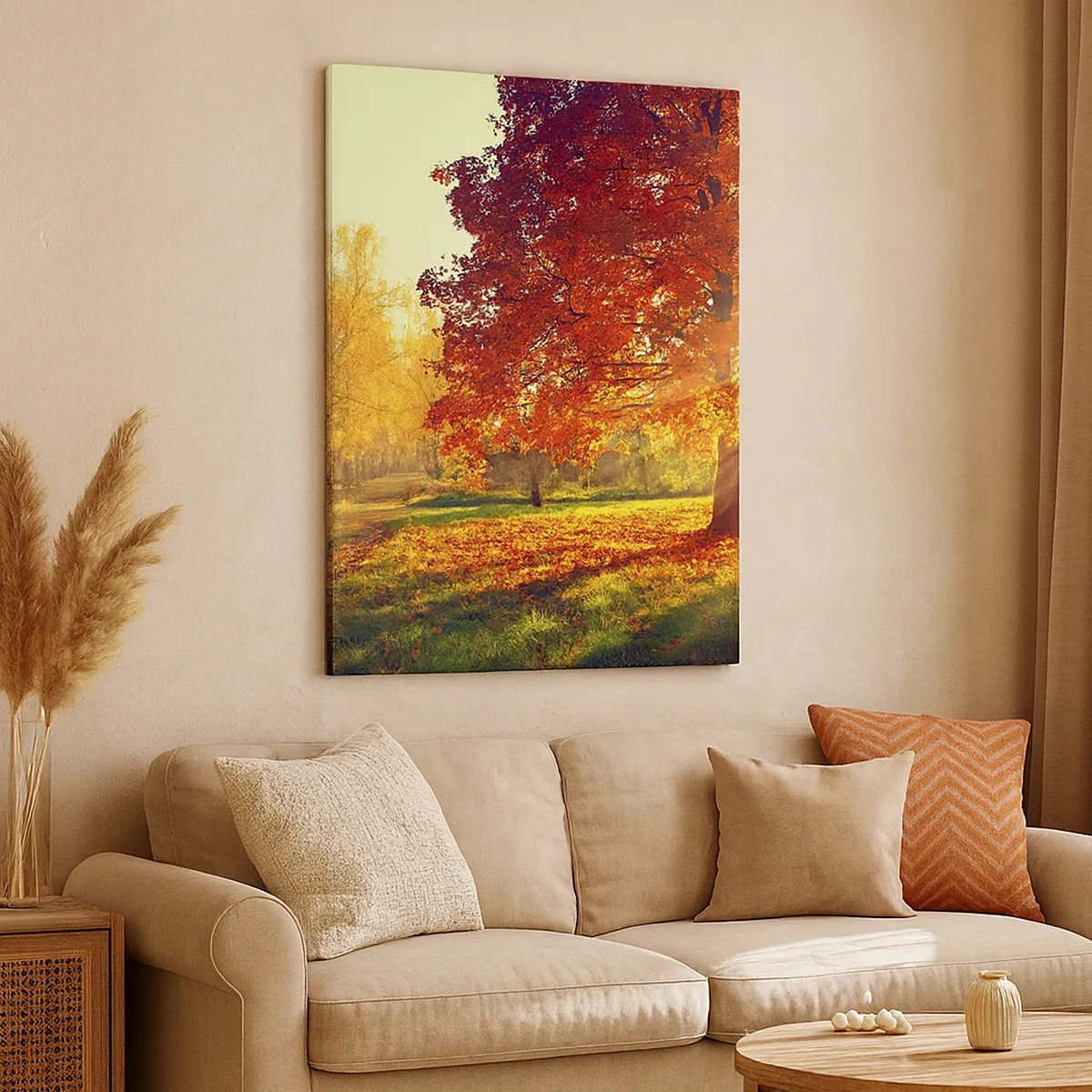 Cuadro sobre lienzo - Impresión de Imagen - Parque otoñal iluminado por la luz del sol - 50x70cm - El rojo es hermoso - Decoración de pared moderna para salón y dormitorio ARTTOR
