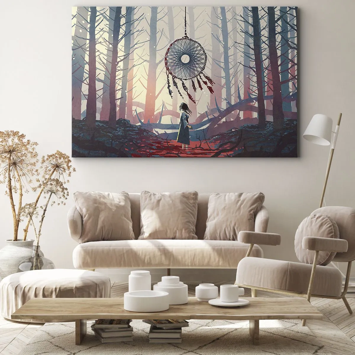 Cuadro sobre lienzo - Impresión de Imagen - Escena de bosque con un atrapasueños gigante. - 120x80cm - El ritual secreto de la felicidad - Decoración de pared moderna para salón y dormitorio ARTTOR