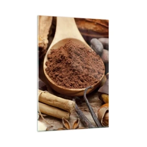 Cuadro sobre vidrio - Impresiones sobre Vidrio - Una cucharada de ingredientes de cacao y chocolate en un arreglo rústico. - 80x120cm - Lo mejor para las penas - Decoración de pared moderna para salón y dormitorio ARTTOR