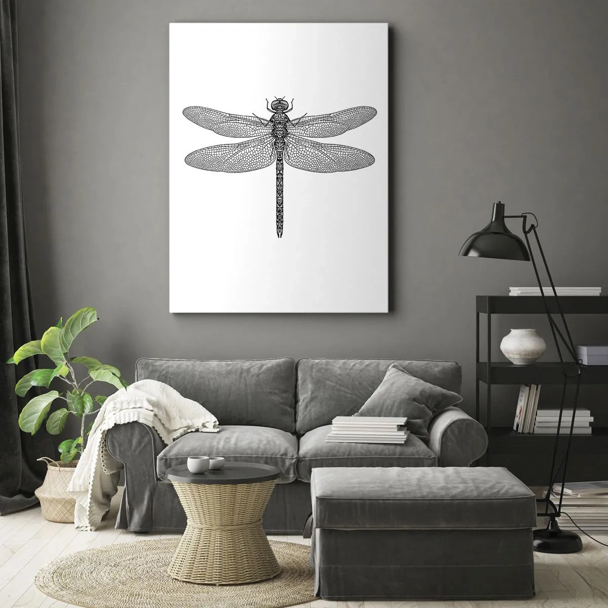 Cuadro sobre lienzo - Impresión de Imagen - Dibujo en blanco y negro de una libélula sobre un fondo blanco en estilo minimalista. - 70x100cm - Precisión de la naturaleza - Decoración de pared moderna para salón y dormitorio ARTTOR