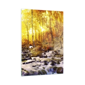 Cuadro sobre vidrio - Impresiones sobre Vidrio - Bosque otoñal con un río bajo los rayos de luz cálida. - 50x70cm - Piedras bañadas en oro y platino - Decoración de pared moderna para salón y dormitorio ARTTOR