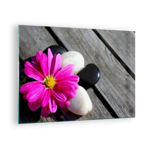 Cuadro sobre vidrio - Impresiones sobre Vidrio - Flor rosa con piedras sobre un fondo de madera. - 70x50cm - Descansando en el muelle - Decoración de pared moderna para salón y dormitorio ARTTOR
