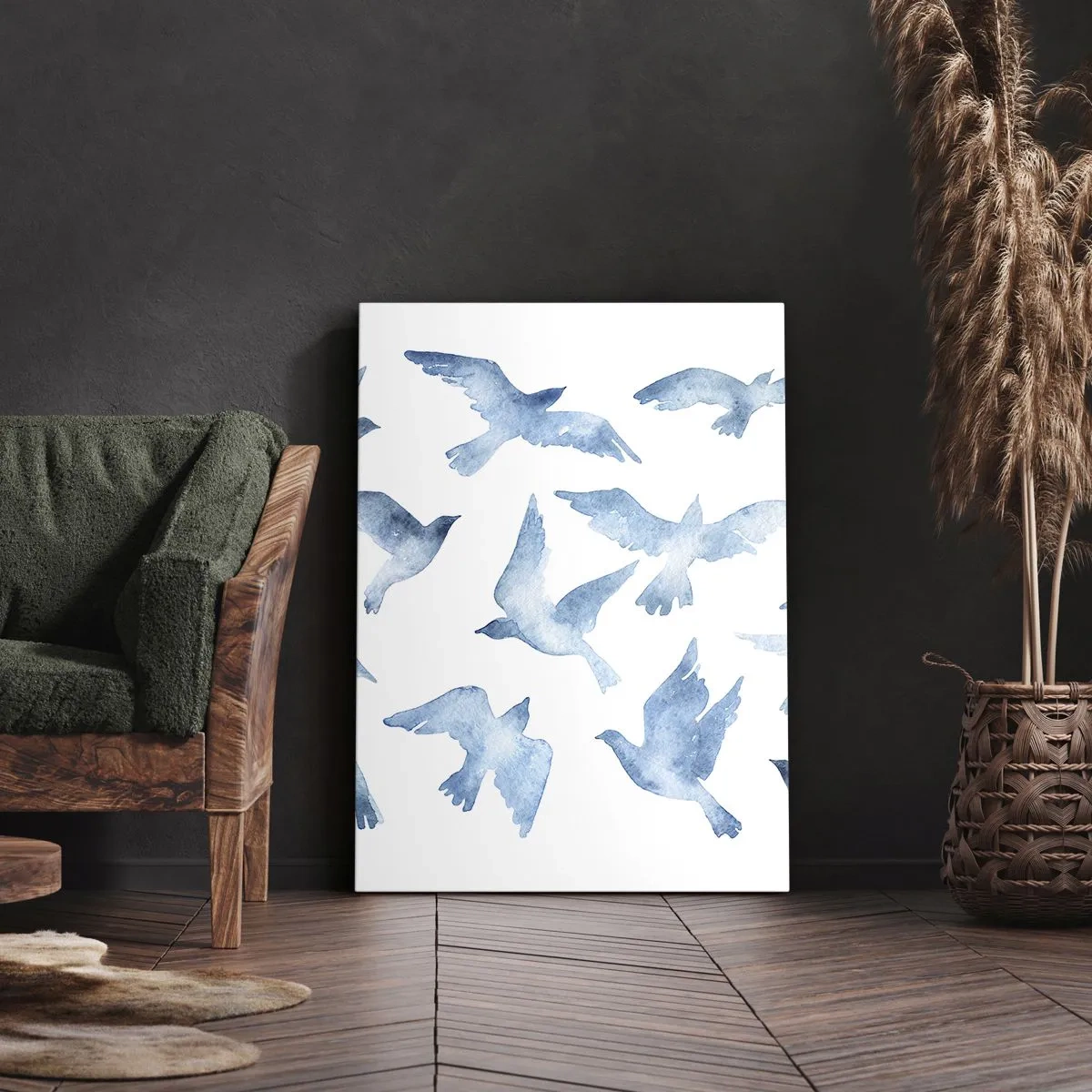 Cuadro sobre lienzo - Impresión de Imagen - Una acuarela sutil que representa pájaros voladores. - 50x70cm - Pájaros azules - Decoración de pared moderna para salón y dormitorio ARTTOR