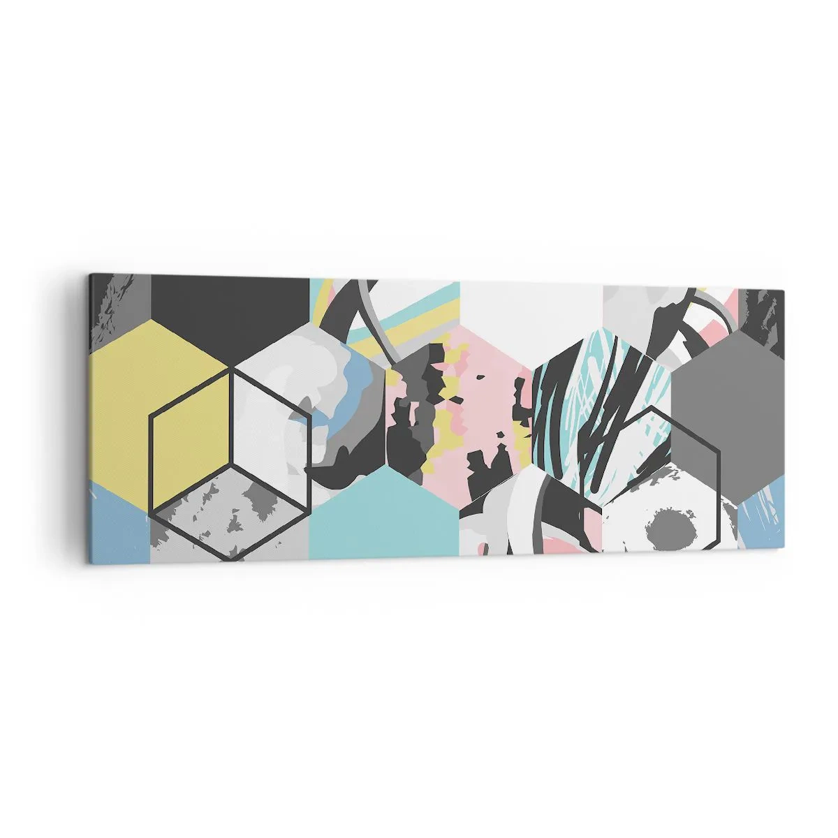 Cuadro sobre lienzo - Impresión de Imagen - Patrón hexagonal geométrico con detalles abstractos coloridos - 140x50cm - Hexágonos y cubos en seis colores - Decoración de pared moderna para salón y dormitorio ARTTOR
