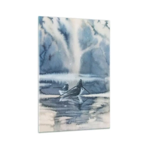 Cuadro sobre vidrio - Impresiones sobre Vidrio - Paisaje de acuarela con barcos en un lago rodeado de un bosque brumoso. - 70x100cm - Pescadores en su paraíso - Decoración de pared moderna para salón y dormitorio ARTTOR