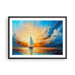 Póster en marco negro - Un velero con el sol poniente y nubes de colores como telón de fondo. - 70x50cm - Navegando en oro - Decoración de pared moderna para salón y dormitorio ARTTOR