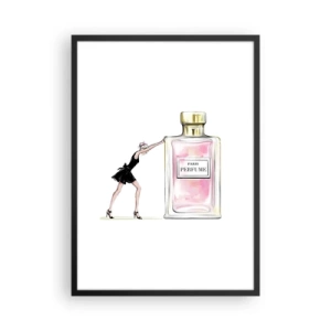 Póster en marco negro - Ilustración de un frasco de perfume con la silueta de una mujer con un vestido. - 50x70cm - La esencia de la feminidad - Decoración de pared moderna para salón y dormitorio ARTTOR