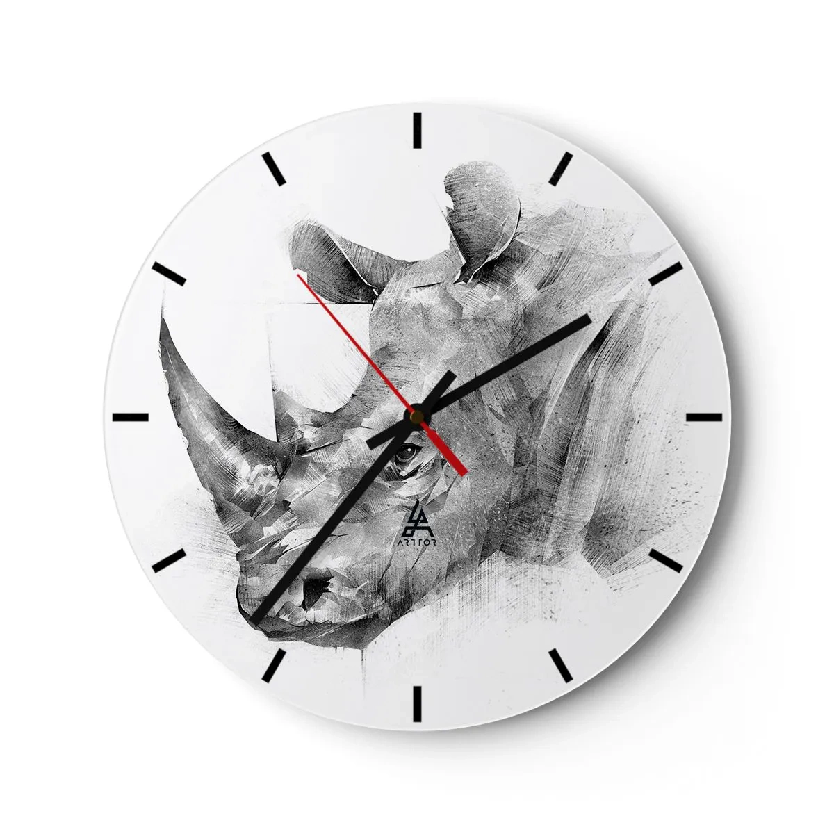 Reloj de pared - Reloj de vidrio - Retrato estilo boceto de un rinoceronte - 30x30cm - Retrato africano - Decoración de pared moderna para salón, cocina y dormitorio ARTTOR