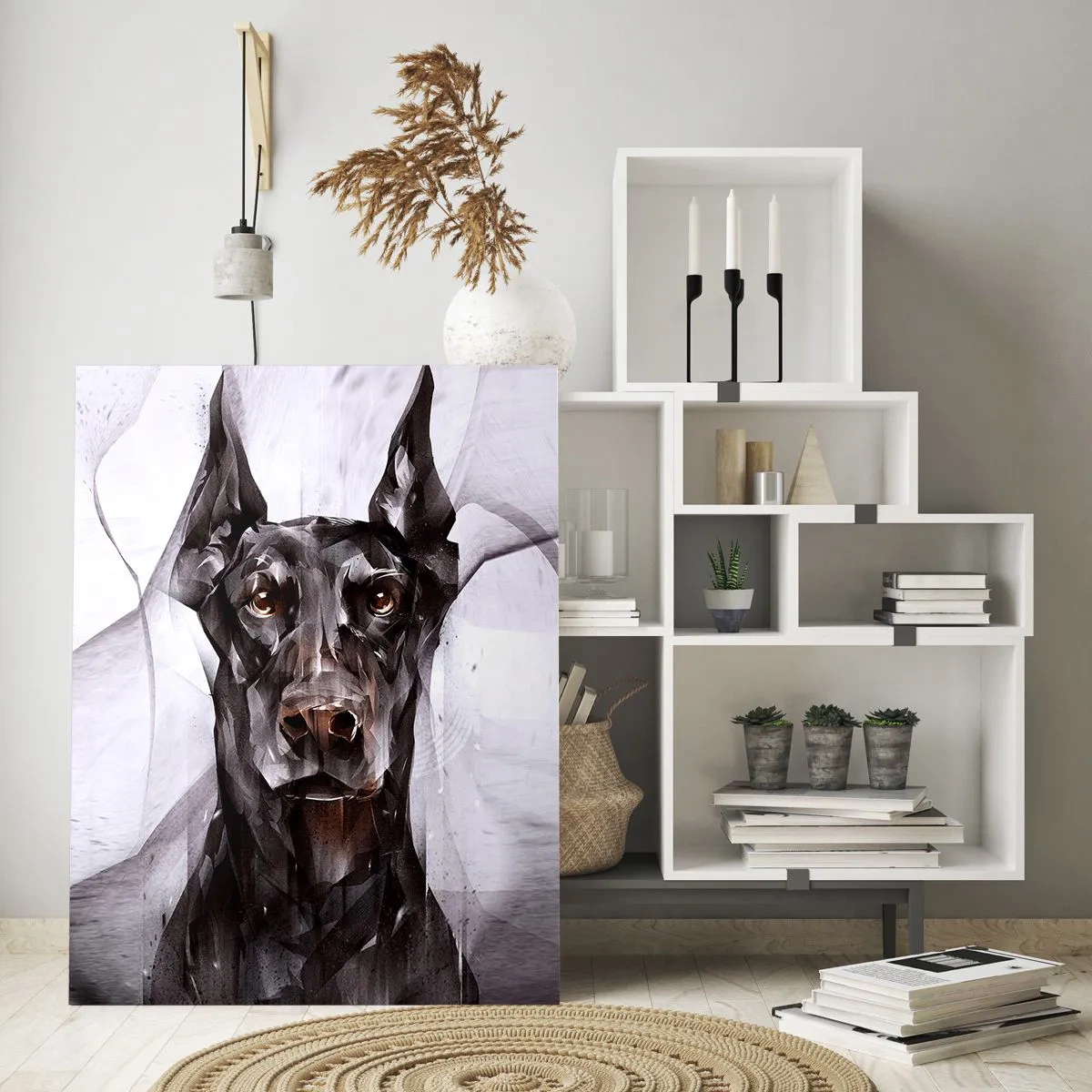Cuadro sobre vidrio - Impresiones sobre Vidrio - Retrato de un perro negro en estilo abstracto sobre un fondo claro. - 50x70cm - Nacido noble - Decoración de pared moderna para salón y dormitorio ARTTOR