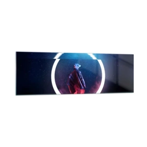 Cuadro sobre vidrio - Impresiones sobre Vidrio - Un personaje en un entorno futurista con un círculo de neón. - 160x50cm - Entre mundos - Decoración de pared moderna para salón y dormitorio ARTTOR