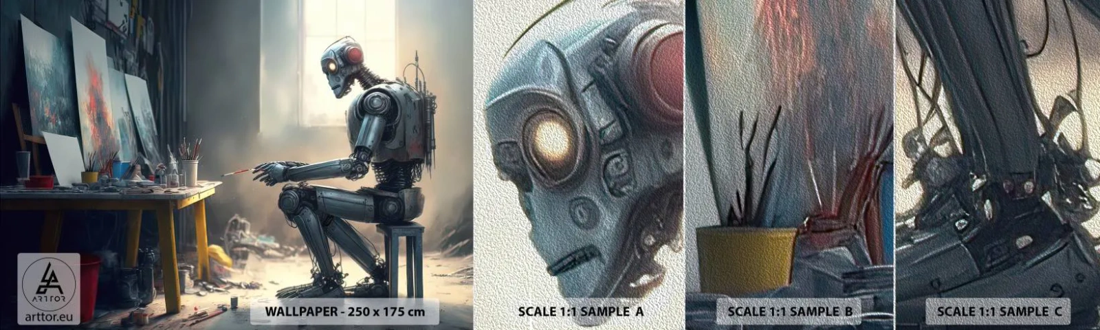 Muestra de fotomural Premium Sand - El acto de creación - Pedazo, Cuadro, Robot - 100x30 cm