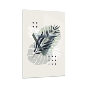 Cuadro sobre vidrio - Impresiones sobre Vidrio - Composición geométrica con hojas tropicales en tonos verdes. - 70x100cm - Naturaleza y geometría - Decoración de pared moderna para salón y dormitorio ARTTOR