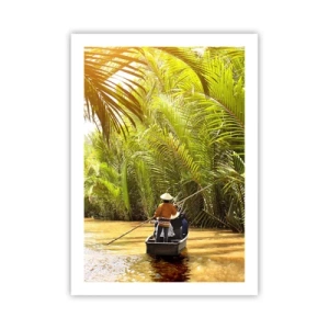 Póster - Un barco tradicional en un bosque tropical de palmeras iluminado por el sol. - 50x70cm - En un túnel de palmeras - Decoración de pared moderna para salón y dormitorio ARTTOR
