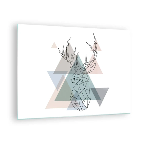 Cuadro sobre vidrio - Impresiones sobre Vidrio - Dibujo geométrico de un ciervo sobre un fondo de triángulos pastel. - 70x50cm - En un bosque geométrico - Decoración de pared moderna para salón y dormitorio ARTTOR