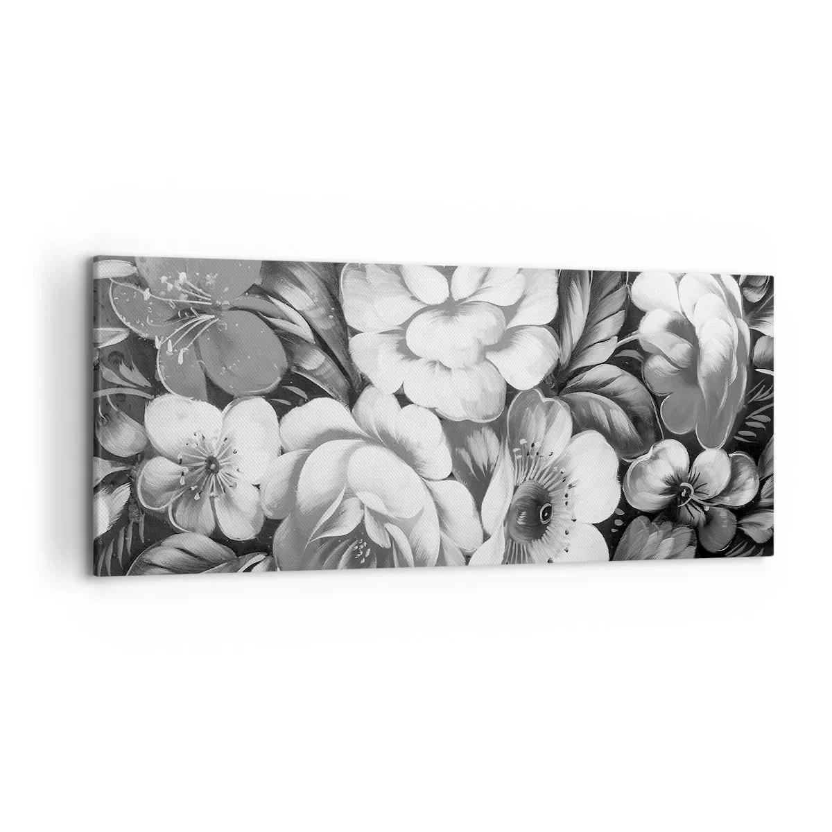 Cuadro sobre lienzo - Impresión de Imagen - Flores en blanco y negro en una composición clásica y elegante. - 120x50cm - Hermoso incluso en el gris - Decoración de pared moderna para salón y dormitorio ARTTOR
