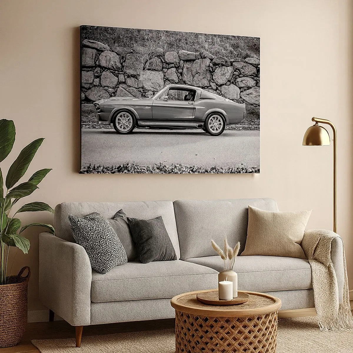 Cuadro sobre lienzo - Impresión de Imagen - Fotografía en blanco y negro de un coche clásico. - 70x50cm - Una leyenda de los años 60 - Decoración de pared moderna para salón y dormitorio ARTTOR