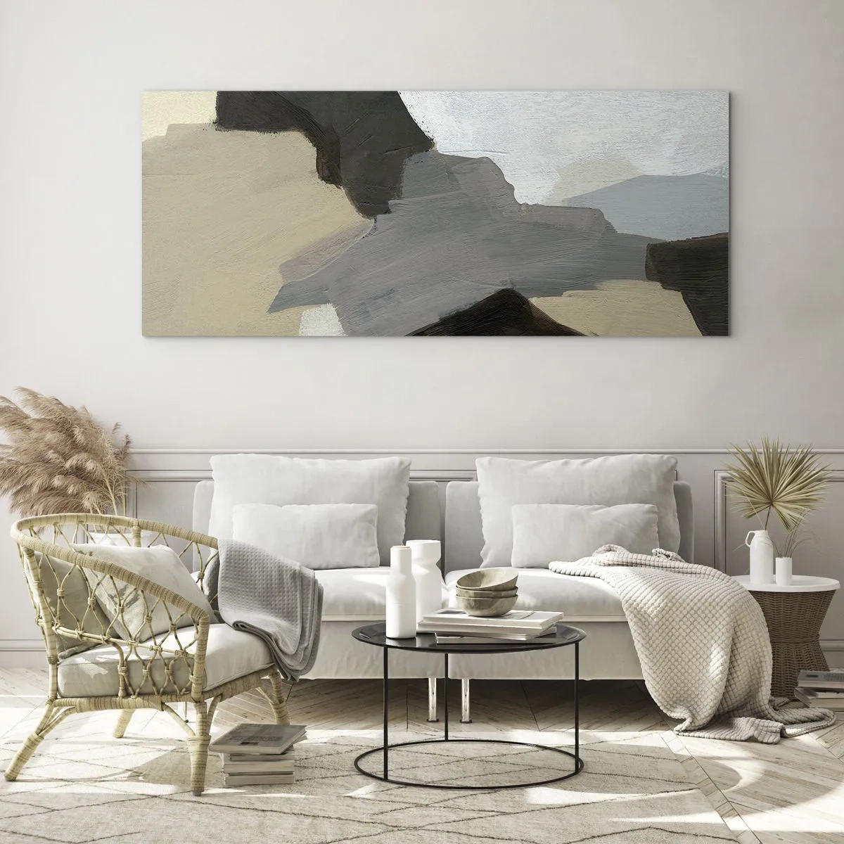 Cuadro sobre vidrio - Impresiones sobre Vidrio - Formas abstractas en tonos beige, marrón y gris. - 140x50cm - Abstracción: partes del gris - Decoración de pared moderna para salón y dormitorio ARTTOR