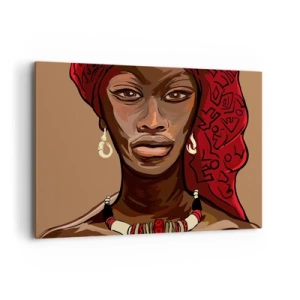 Cuadro sobre lienzo - Impresión de Imagen - Retrato de una mujer con un turbante rojo sobre un fondo beige - 120x80cm - Venus de ébano - Decoración de pared moderna para salón y dormitorio ARTTOR