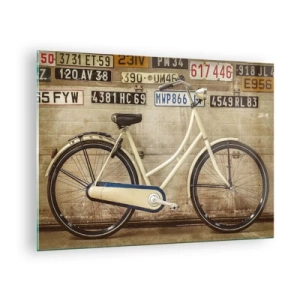 Cuadro sobre vidrio - Impresiones sobre Vidrio - Una bicicleta vieja contra una pared con matrículas. - 70x50cm - No hay complejos - Decoración de pared moderna para salón y dormitorio ARTTOR