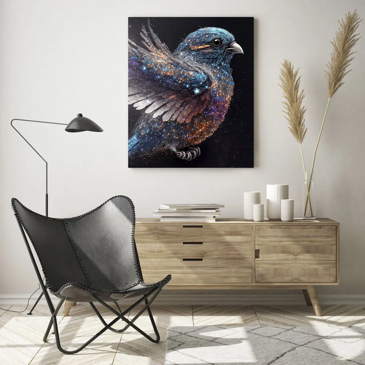 Cuadro sobre vidrio - Impresiones sobre Vidrio - Gorrión espacial con purpurina de diamante - 50x70cm - Gorrión de diamante - Decoración de pared moderna para salón y dormitorio ARTTOR