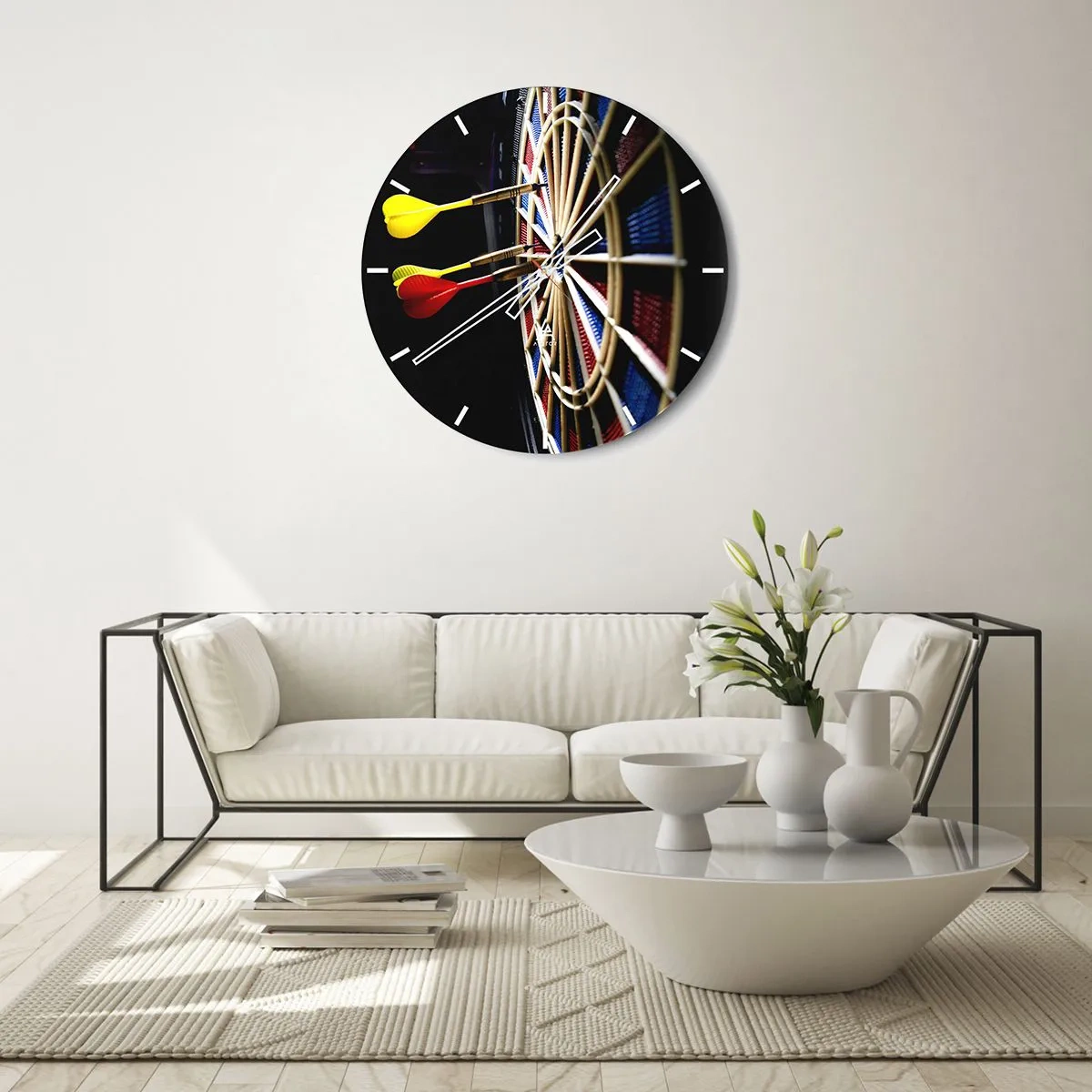 Reloj de pared - Reloj de vidrio - Dardos dando en el blanco - 30x30cm - En el blanco - Decoración de pared moderna para salón, cocina y dormitorio ARTTOR