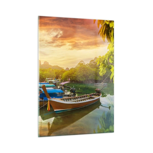 Cuadro sobre vidrio - Impresiones sobre Vidrio - Barcos tradicionales en un paisaje tropical al atardecer. - 50x70cm - Antes de un día ajetreado - Decoración de pared moderna para salón y dormitorio ARTTOR