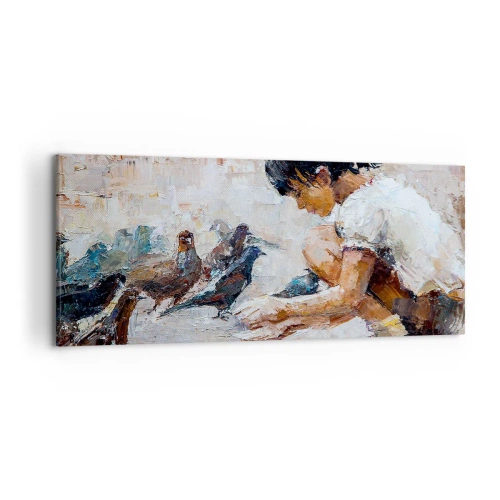 Cuadro sobre lienzo - Impresión de Imagen - Una niña alimentando pájaros en un estilo pictórico. - 120x50cm - Pequeños y dulces - Decoración de pared moderna para salón y dormitorio ARTTOR