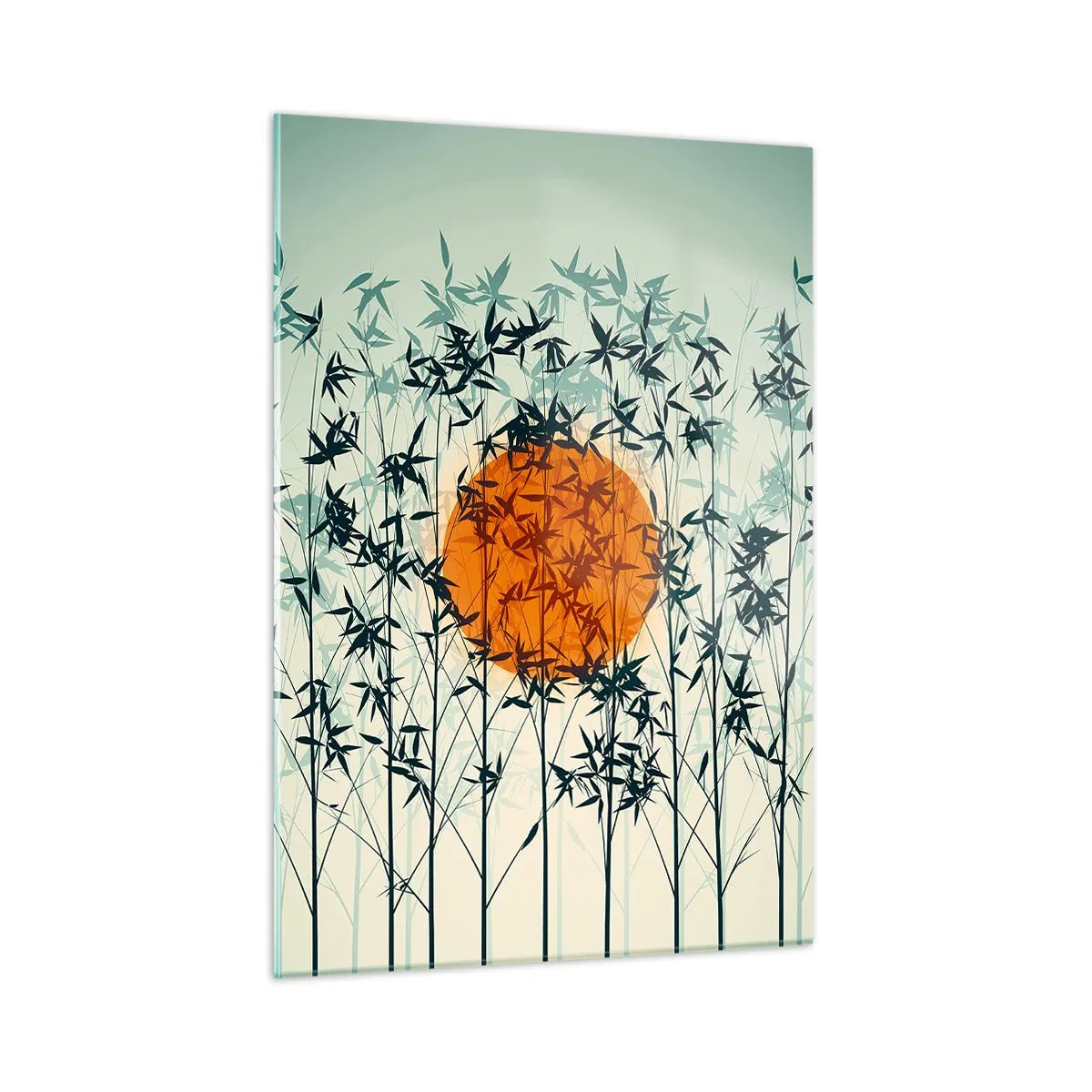 Cuadro sobre vidrio - Impresiones sobre Vidrio - Sol rojo entre delicadas hojas de bambú - 50x70cm - El sol de Japón - Decoración de pared moderna para salón y dormitorio ARTTOR