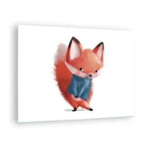 Cuadro sobre vidrio - Impresiones sobre Vidrio - Un lindo zorro con un suéter azul sobre un fondo blanco. - 70x50cm - ¿Me veo bien con esto? - Decoración de pared moderna para salón y dormitorio ARTTOR