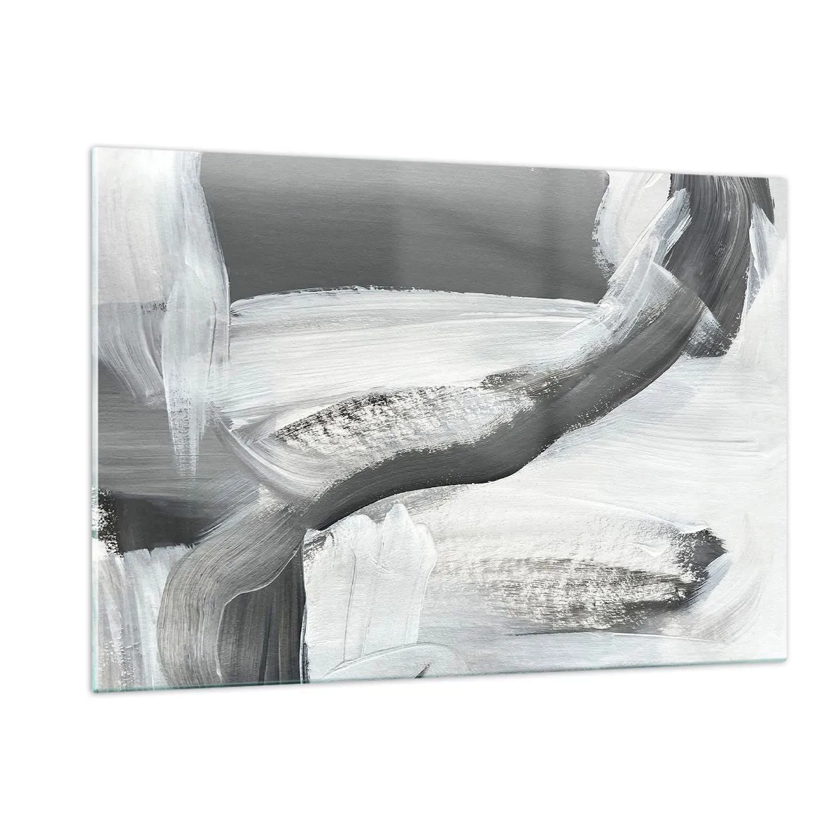 Cuadro sobre vidrio - Impresiones sobre Vidrio - Abstracción en blanco y negro con pinceladas dinámicas. - 120x80cm - Con movimientos decididos - Decoración de pared moderna para salón y dormitorio ARTTOR