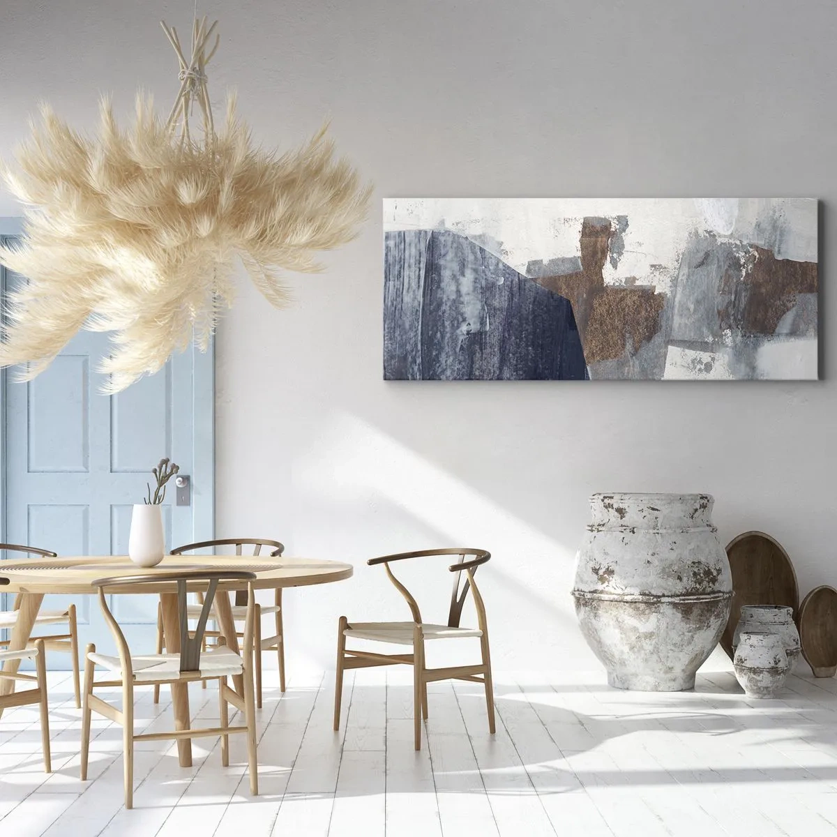 Cuadro sobre lienzo - Impresión de Imagen - Formas abstractas en tonos azules y marrones. - 140x50cm - Formas azules y marrones - Decoración de pared moderna para salón y dormitorio ARTTOR